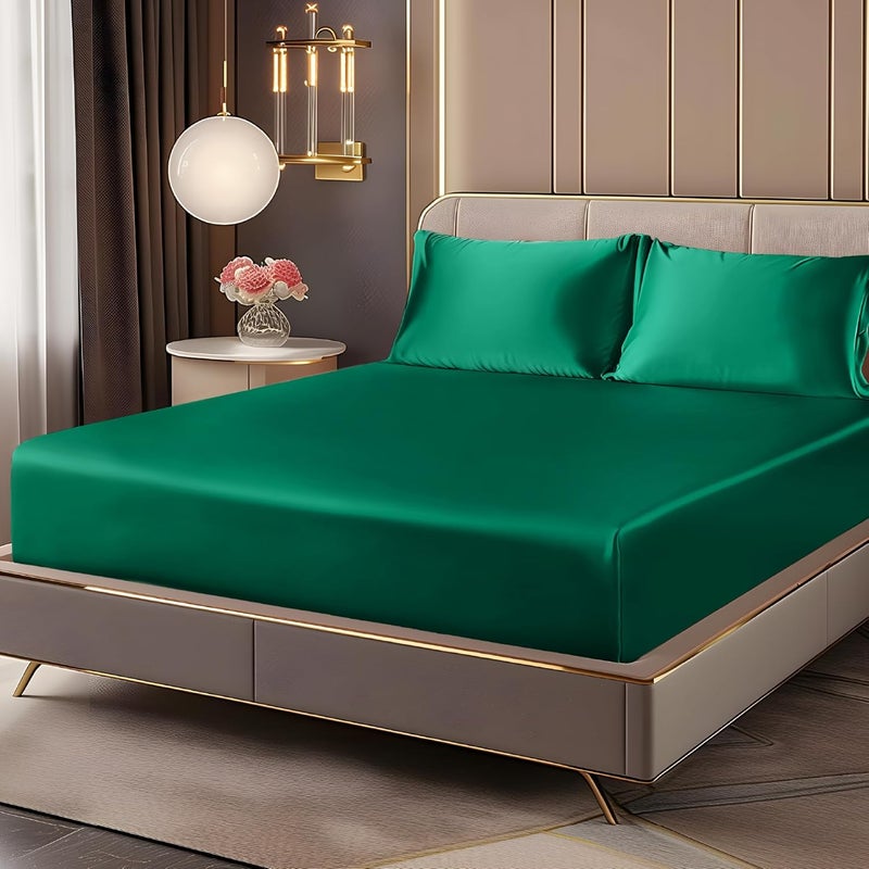 BEDELITE Satin Fitted Sheet and Pillowcase Set, Luxury Soft Similar to Silk Bottom Bedsheet with Elastic Corner Straps, Deep Pocket up to 15 Inch, 1 Fitted Sheet and 1 Pillowcase(Twin, Dark Green) - Image 1