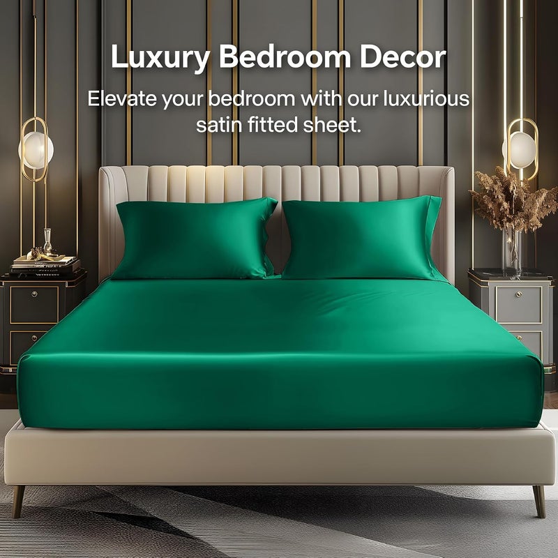 BEDELITE Satin Fitted Sheet and Pillowcase Set, Luxury Soft Similar to Silk Bottom Bedsheet with Elastic Corner Straps, Deep Pocket up to 15 Inch, 1 Fitted Sheet and 1 Pillowcase(Twin, Dark Green) - Image 2