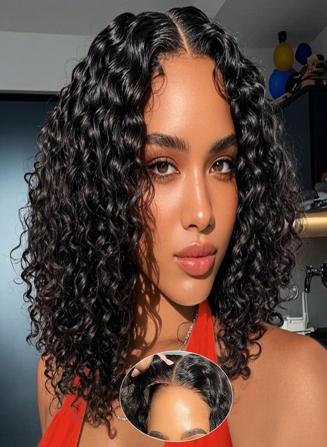 UCUVIC Curly Bob Wig Human Hair 5x5 Wear And Go Glueless Wigs Human Hair Pre Plucked Pre Cut Deep Wave Lace Front Closure Wigs For Black Women 200 Density Curly Wig Glueless Wear And Go Black 12 Inch - Image 1