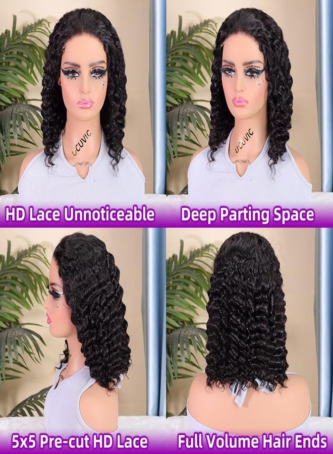 UCUVIC Curly Bob Wig Human Hair 5x5 Wear And Go Glueless Wigs Human Hair Pre Plucked Pre Cut Deep Wave Lace Front Closure Wigs For Black Women 200 Density Curly Wig Glueless Wear And Go Black 12 Inch - Image 5