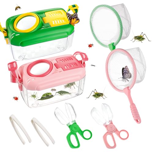 Biubee 2Sets Bug Catcher for Kids Sturdy Kids Bug Catching Kit Gifts with Collector Butterfly Net Tweezer Bugs Habitat Outdoor Explorer Kit for Age 3 4 5 6 7 8 8Pcs Green Pink - Image 1