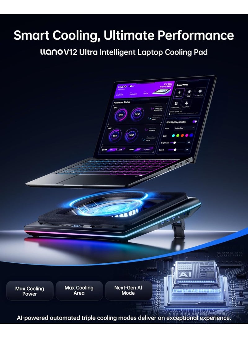 Llano V12 Ultra AI Laptop Cooling Pad for 15-17 Inch Gaming Laptop, Smart AI Temperature Control, 2800RPM Turbo Cooling Fan, RGB Touch Panel, High-Performance Laptop Cooler for Gaming, Work & Heavy-Duty Use - Image 1