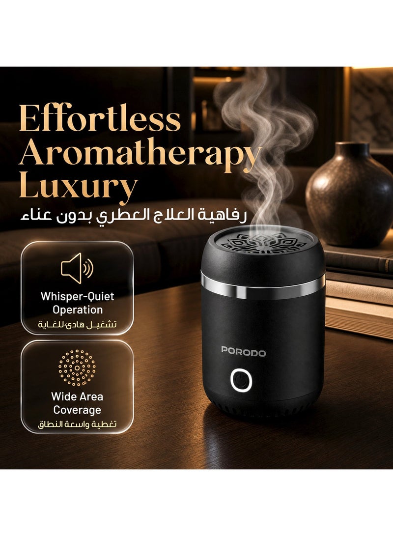 porodo Lifestyle Dreams Oud Bukhoor Electric Mini Incense Burner, Portable Incense Burner, USB-C Port, Rechargeable Aroma Diffuser with 1800mAh Battery & 15x Full Burning Session with About 2Hrs Charging Time, Whisper Quiet Operation, Auto Off Safety Feature, Wide Area Coverage - Black - Image 2