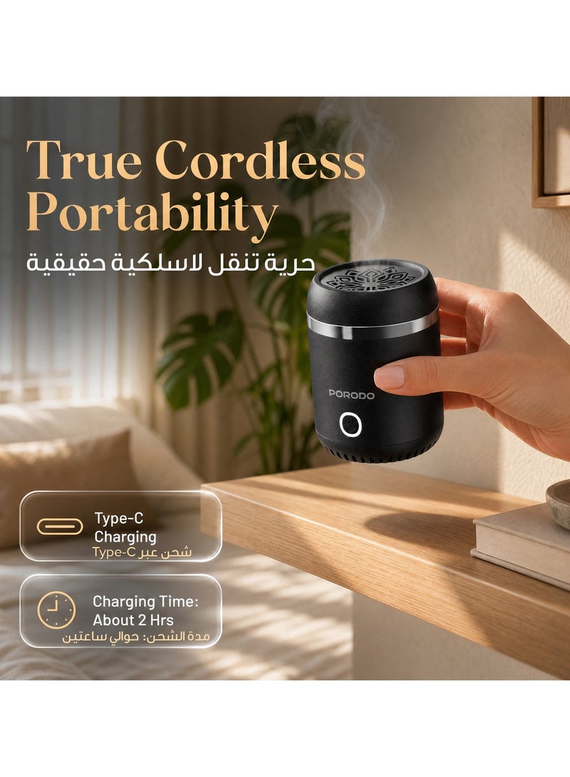 porodo Lifestyle Dreams Oud Bukhoor Electric Mini Incense Burner, Portable Incense Burner, USB-C Port, Rechargeable Aroma Diffuser with 1800mAh Battery & 15x Full Burning Session with About 2Hrs Charging Time, Whisper Quiet Operation, Auto Off Safety Feature, Wide Area Coverage - Black - Image 3
