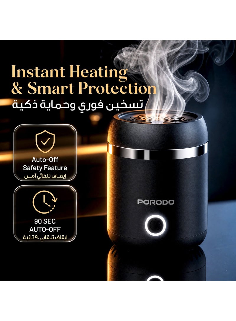 porodo Lifestyle Dreams Oud Bukhoor Electric Mini Incense Burner, Portable Incense Burner, USB-C Port, Rechargeable Aroma Diffuser with 1800mAh Battery & 15x Full Burning Session with About 2Hrs Charging Time, Whisper Quiet Operation, Auto Off Safety Feature, Wide Area Coverage - Black - Image 4
