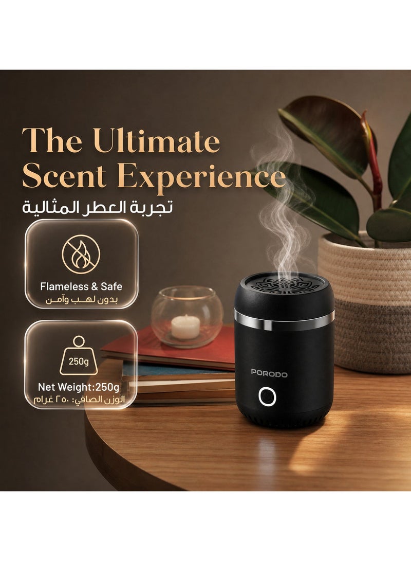 porodo Lifestyle Dreams Oud Bukhoor Electric Mini Incense Burner, Portable Incense Burner, USB-C Port, Rechargeable Aroma Diffuser with 1800mAh Battery & 15x Full Burning Session with About 2Hrs Charging Time, Whisper Quiet Operation, Auto Off Safety Feature, Wide Area Coverage - Black - Image 5