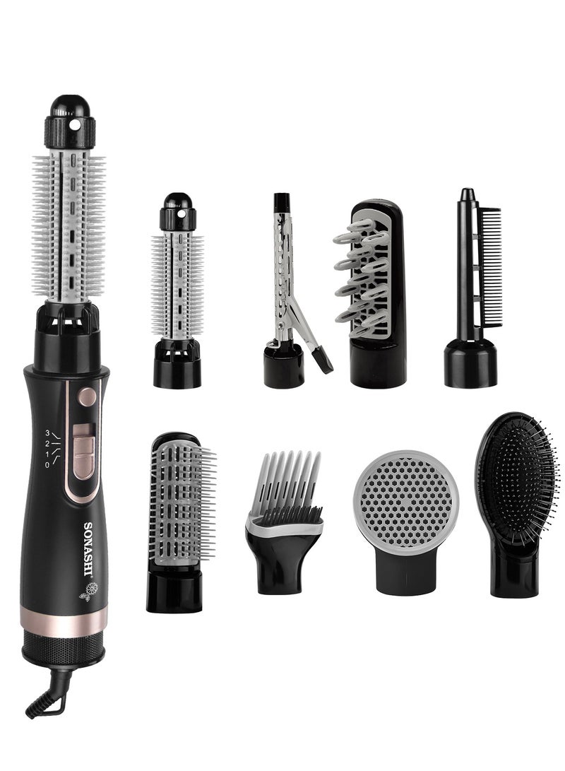 SONASHI 9in1 Hair Styler With Blow Brush Big And Small Roller Brush Soft Brush Clip Pipe Volume Lifter And Nozzle DC Motor With 3 Speed Temperature Setting Different Attachments  SHS-2091 Black - Image 3