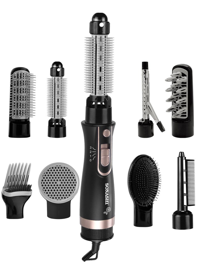 SONASHI 9in1 Hair Styler With Blow Brush Big And Small Roller Brush Soft Brush Clip Pipe Volume Lifter And Nozzle DC Motor With 3 Speed Temperature Setting Different Attachments  SHS-2091 Black - Image 1
