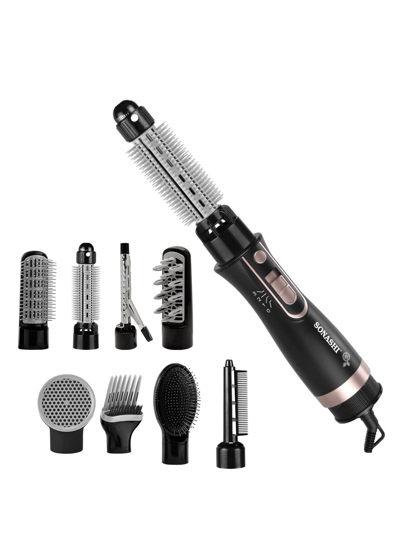 SONASHI 9in1 Hair Styler With Blow Brush Big And Small Roller Brush Soft Brush Clip Pipe Volume Lifter And Nozzle DC Motor With 3 Speed Temperature Setting Different Attachments  SHS-2091 Black - Image 2