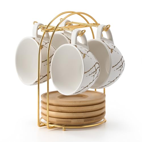 LUKA Ceramic Demitasse Espresso Cups Set with Saucers and Metal Stand, 8 oz Porcelain Stackable Cappuccino Cups Teacup For Tea, Espresso, Latte, Coffee, Cafe Mocha, Set of 4, White - Image 1