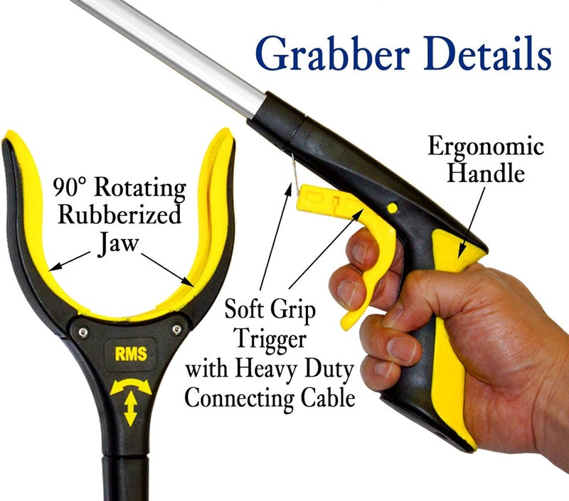 RMS 2-Pack 32 Inch Extra Long Grabber Reacher with Rotating Jaw - Mobility Aid Reaching Assist Tool (Yellow) - Image 3