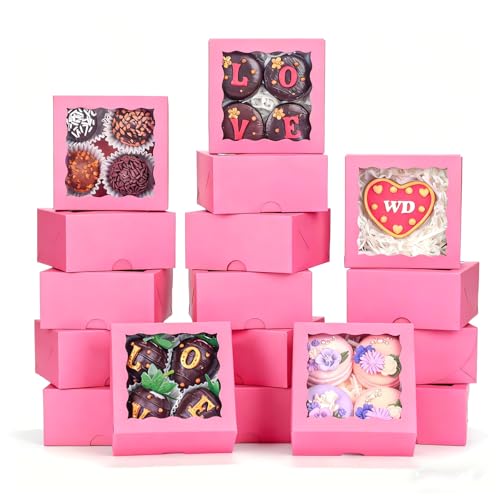 ROSPAKTEK 90 Pack 4x4x2 Inches Pink Bakery Boxes (Clear Window) – Ideal for Packaging Macaron, Ores, Chocolate Truffle, Strawberry, Cookie, Donut, Pie – Party, Wedding, Holiday Favors - Image 1