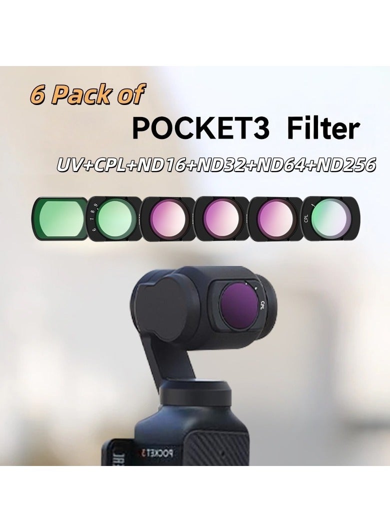 6 Pack of Osmo Pocket 3 Filter Kit，UV/CPL/ND Filter Set Compatible with DJI Osmo Pocket 3, 6 Pack Magnetic UV+CPL+ND16+ND32+ND64+ND256 Protection Polarizer Neutral Density Filters, Multi Coated HD Optical Glass - Image 1