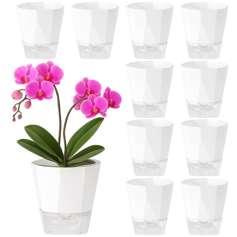 Planterhoma 10 Pack Self Watering Pots for Indoor Plants, 6.7 Inches Self Watering Planters African Violet Pots Clear Pots for Herb Orchid Flower Houseplant, White - Image 1