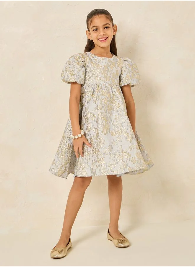 Styli Jacquard Puff Sleeve Dress