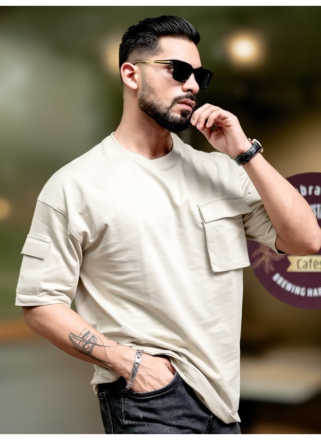 Maniac Mens Solid Polo Neck 3/4th Sleeve Biscuit Cotton T-Shirt  - Image 3