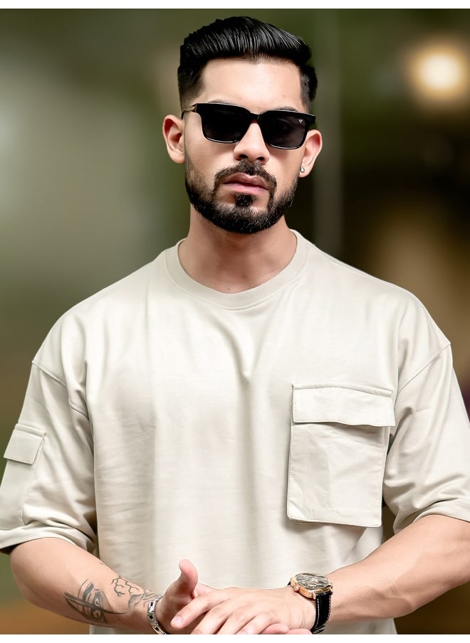 Maniac Mens Solid Polo Neck 3/4th Sleeve Biscuit Cotton T-Shirt  - Image 1