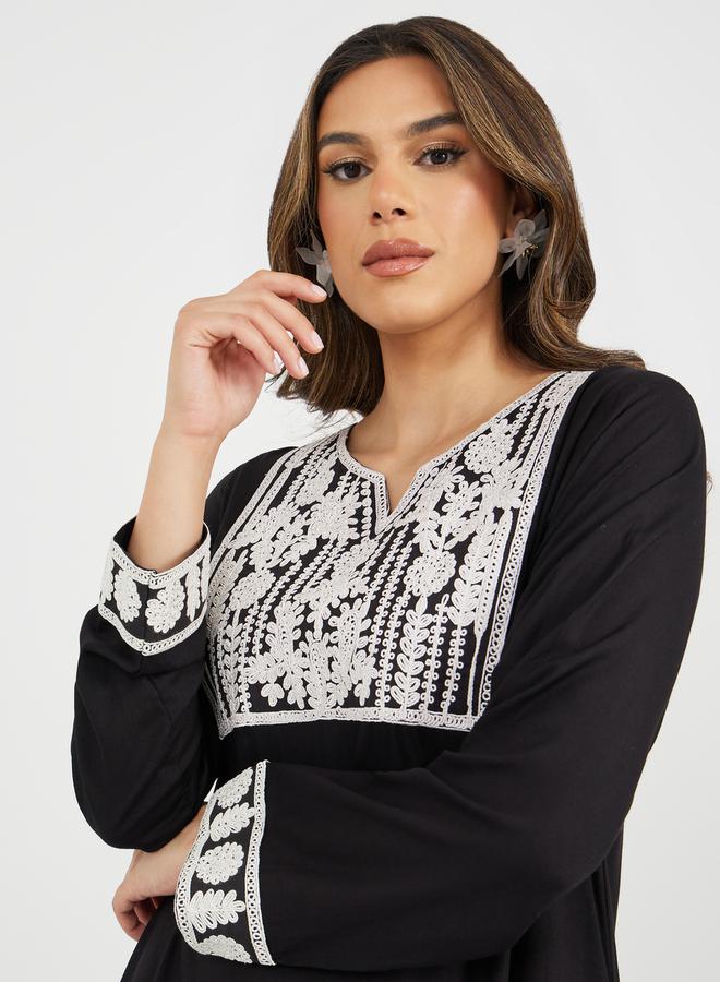 Styli Embroidered Notch Neck A-Line Jalabiya  - Image 5