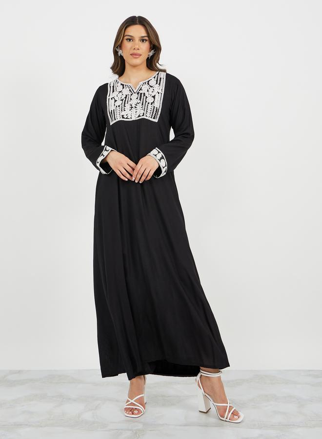 Styli Embroidered Notch Neck A-Line Jalabiya  - Image 1