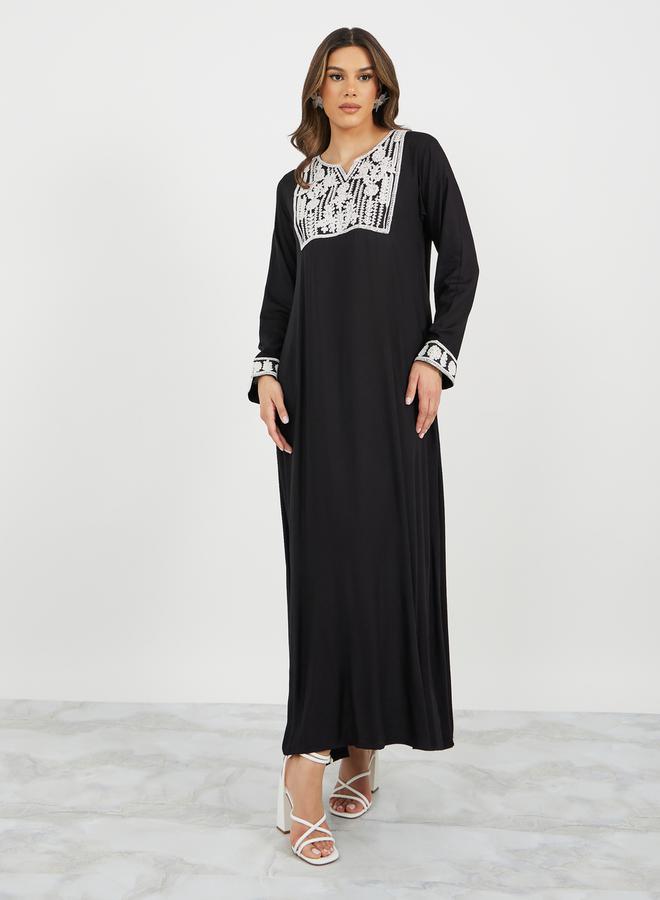 Styli Embroidered Notch Neck A-Line Jalabiya  - Image 2
