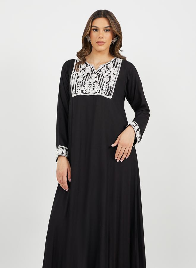Styli Embroidered Notch Neck A-Line Jalabiya  - Image 3