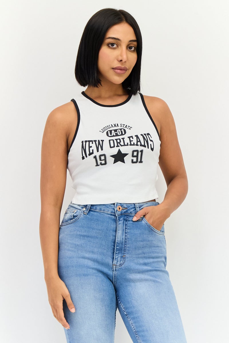 Bershka Women Crew Neck Sleeveless Graphic Print Tank Top, White - Image 1