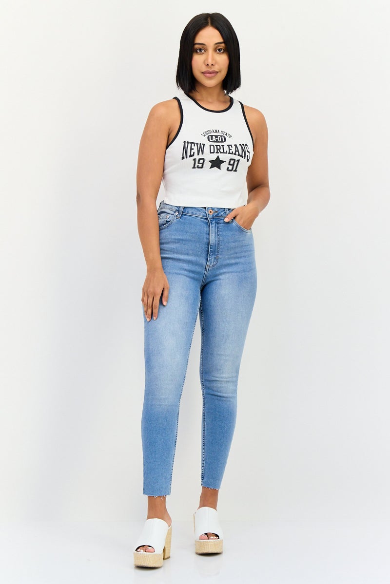 Bershka Women Crew Neck Sleeveless Graphic Print Tank Top, White - Image 4