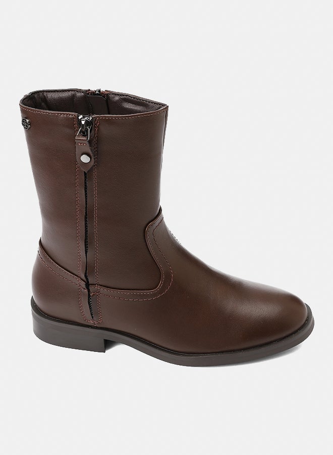 Dejavu Shoes GPS-DVTX-007 Brown Stitched Mid Calf Leather Boot  For Women - Image 1