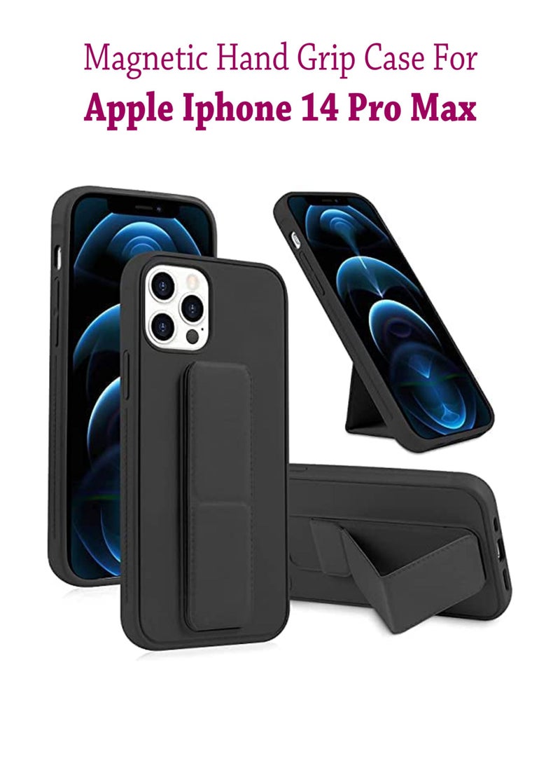 Waldic - Premium Silicone Magnetic Hand Grip Case with Stand Cover for Apple iPhone 14 Pro Max - Black - Image 1