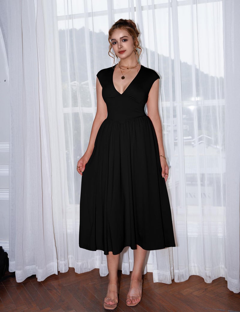 YMDUCH Women's Casual Deep V Neck Cap Sleeve Back Tie A-Line Swing Midi Dress with Pockets Black - Image 4