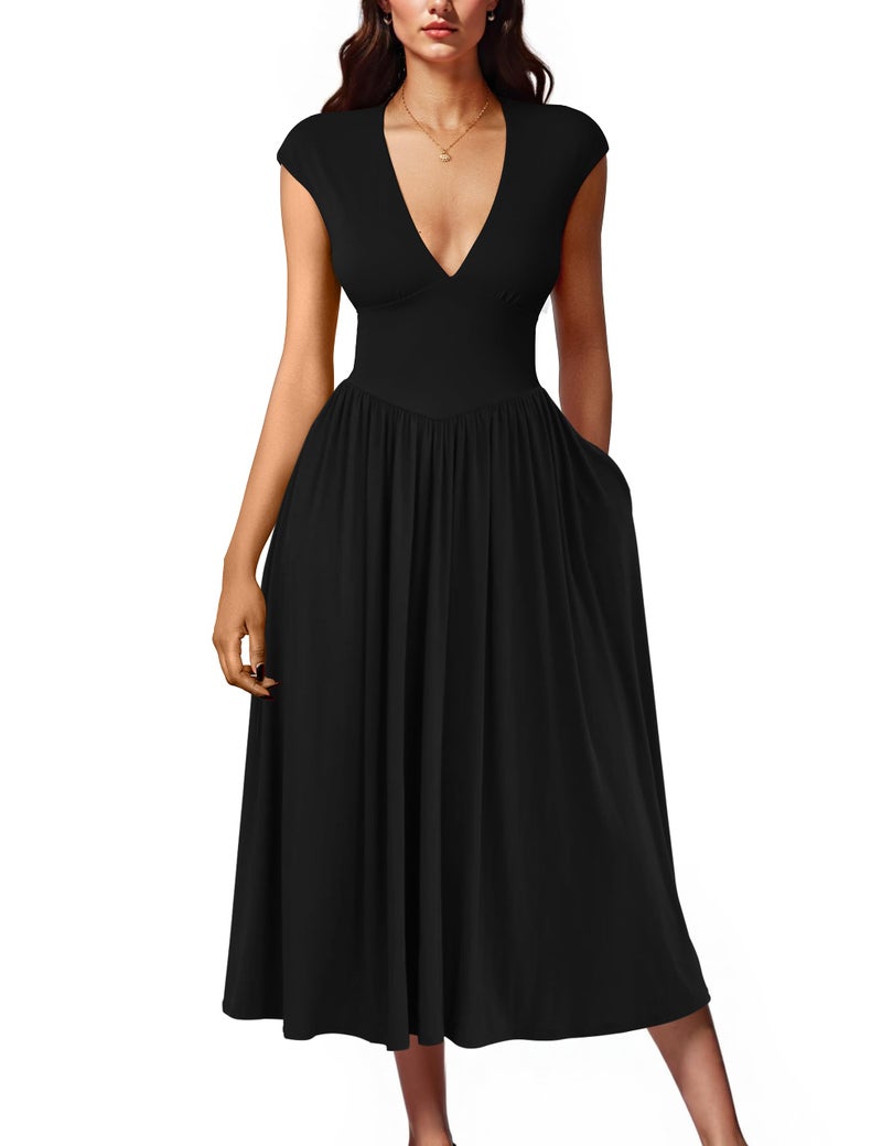 YMDUCH Women's Casual Deep V Neck Cap Sleeve Back Tie A-Line Swing Midi Dress with Pockets Black - Image 1