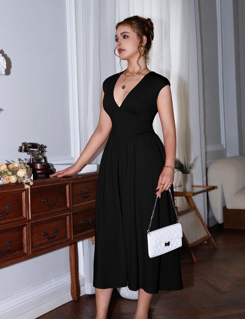 YMDUCH Women's Casual Deep V Neck Cap Sleeve Back Tie A-Line Swing Midi Dress with Pockets Black - Image 2