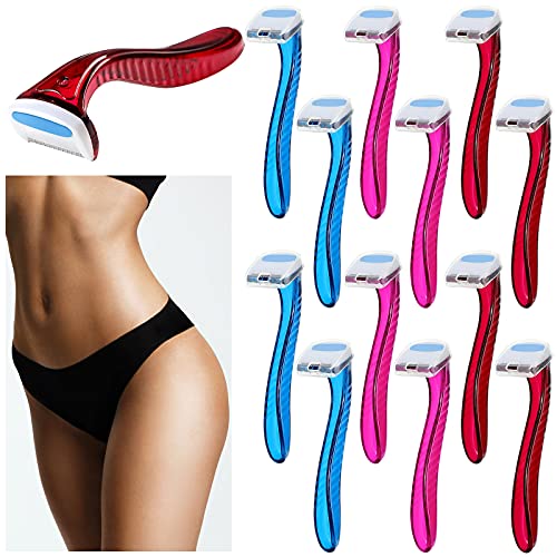 Honoson 12 Pcs Disposable Bikini Razors for Women Bikini Line Trimmer Shaver Small T Type Razor Durable Travel Accessories Pubic Hair Removal Beauty for Body Cosmetic Tool(Dark Blue, Rosy, Dark Pink) - Image 1