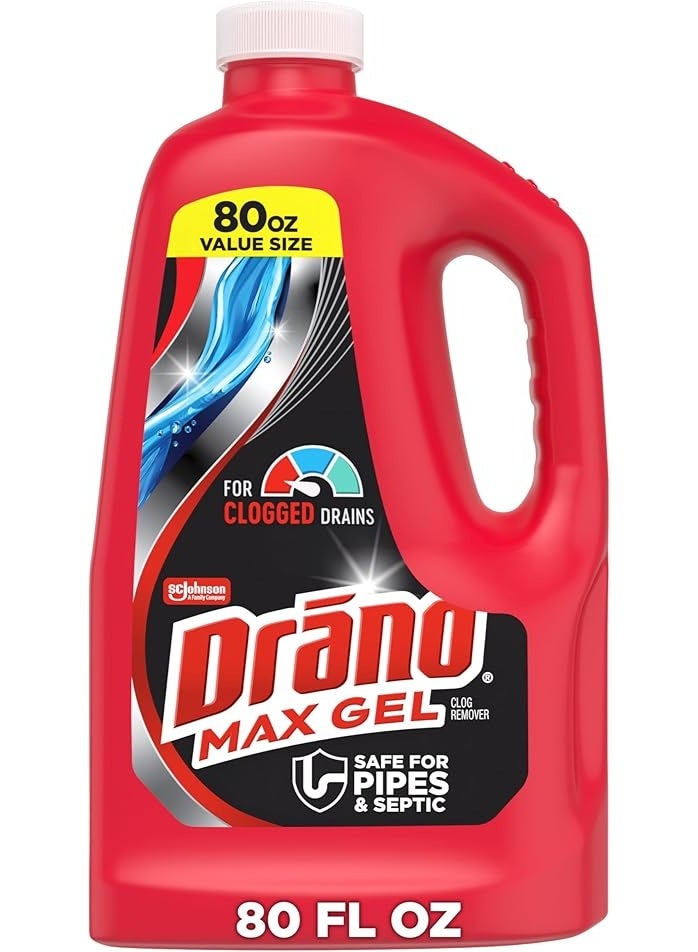 Max Gel Drain Clog Remover and Cleaner for Shower or Sink Drains, Unclogs and Removes Hair, Soap Scum and Blockages, 80 Oz