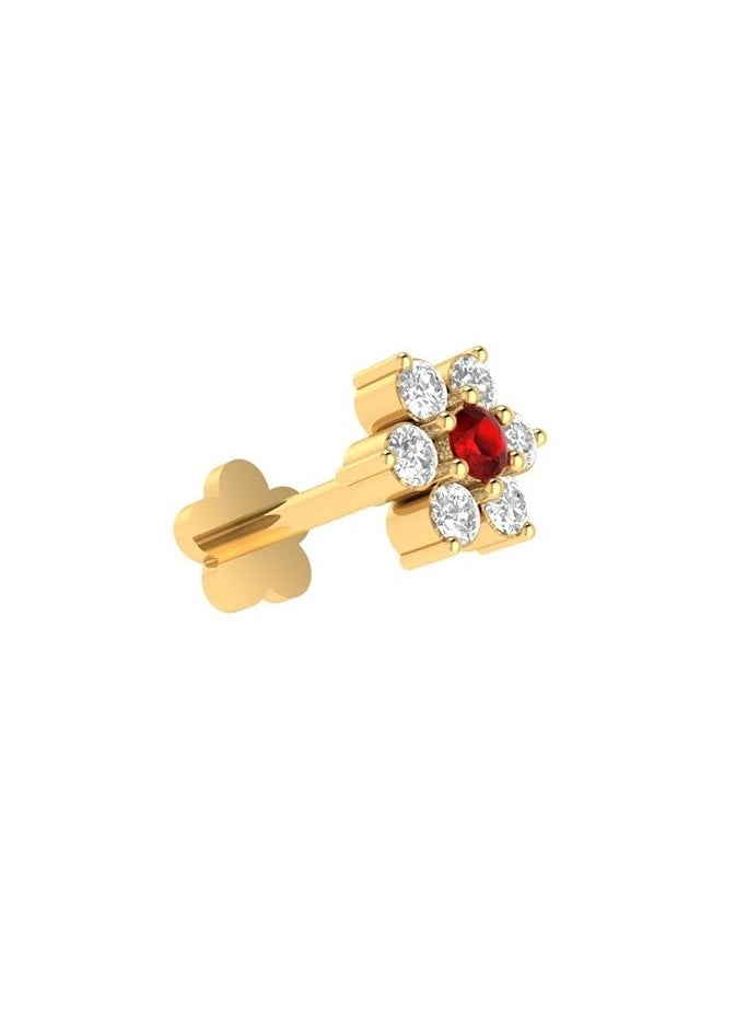 Generic - Natural Diamond Red Ruby Nose Ring, Nose Stud Flower, 0.05 Carat Diamond, 0.02 Carat Ruby, 0.400g Yellow Gold - Image 1