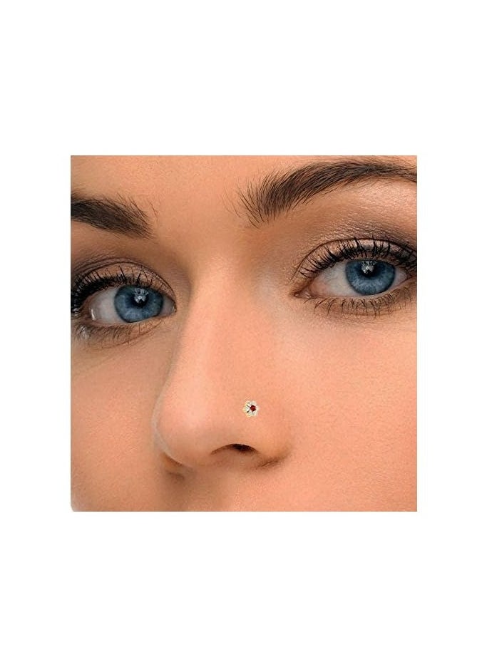 Generic - Natural Diamond Red Ruby Nose Ring, Nose Stud Flower, 0.05 Carat Diamond, 0.02 Carat Ruby, 0.400g Yellow Gold - Image 1