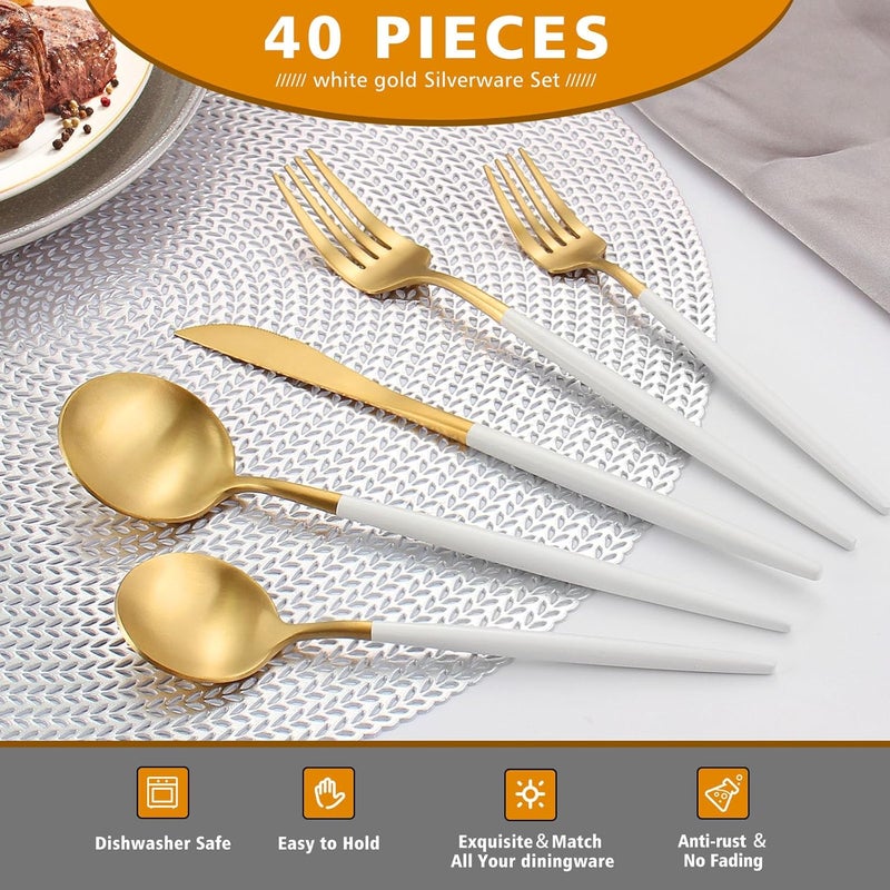 Oliviola Matte White Gold Silverware Set Oliviola 40Piece Stainless Steel Flatware Cutlery Set Service for 8 Satin Finish Kitchen Utensil Set Dishwasher Safe - Image 3