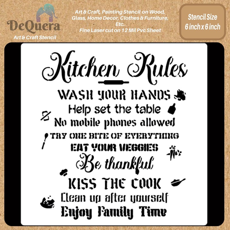 DeQuera Kitchen Quote Stencils for Painting on Wood Reusable Kitchen Rules Kitchen Stencils for Painting Walls Stencil Kitchen Words Size 6 x 6 Inch Pack of 1 DQL1110