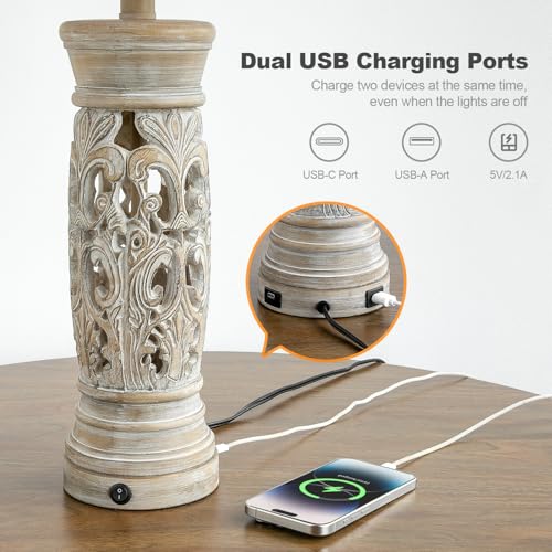 BOBOMOMO 27.25” Rustic Farmhouse Table Lamps Set of 2 – Vintage Bedside Lamps with Night Light & USB A+C Ports, Retro Lamps for Bedroom, Living Room, Entryway, Cozy Corner (Bulbs Included) - Image 4