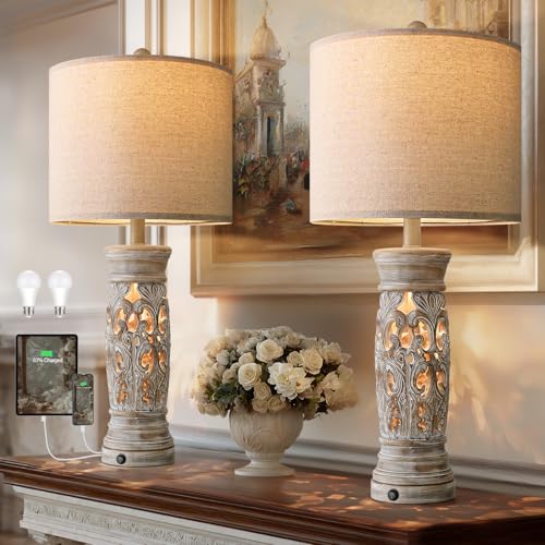 BOBOMOMO 27.25” Rustic Farmhouse Table Lamps Set of 2 – Vintage Bedside Lamps with Night Light & USB A+C Ports, Retro Lamps for Bedroom, Living Room, Entryway, Cozy Corner (Bulbs Included) - Image 1
