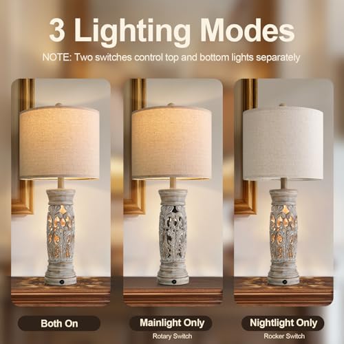 BOBOMOMO 27.25” Rustic Farmhouse Table Lamps Set of 2 – Vintage Bedside Lamps with Night Light & USB A+C Ports, Retro Lamps for Bedroom, Living Room, Entryway, Cozy Corner (Bulbs Included) - Image 3