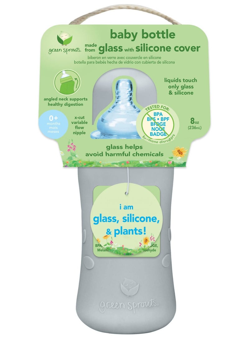 green sprouts - Baby Bottle Made From Glass With Silicone Cover Angled Neck Vented Prevent Colic Made Without Petroleum Plastic Bpa Bps Bpf Wide Neck Bottle Gray 5Oz - Image 1