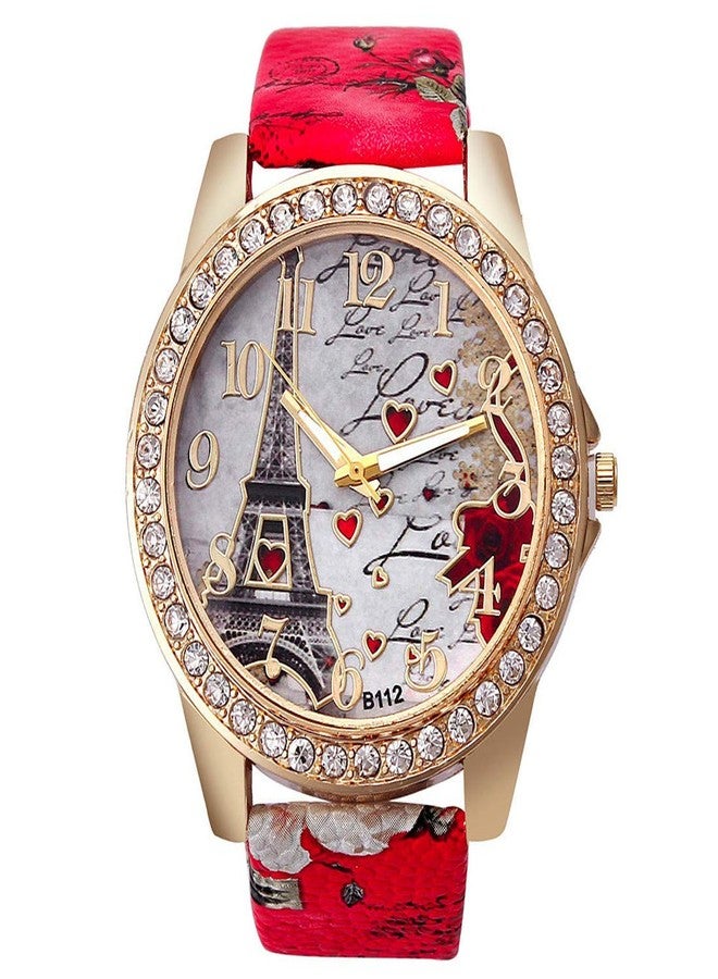 CdyBox Wholesale PU Leather Strap Watch Mother Day Gift Bling Rhinestone Accented Eiffel Tower Ladies Women Watches (Red) - Image 2