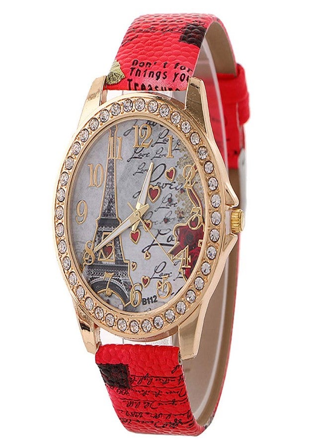 CdyBox Wholesale PU Leather Strap Watch Mother Day Gift Bling Rhinestone Accented Eiffel Tower Ladies Women Watches (Red) - Image 1