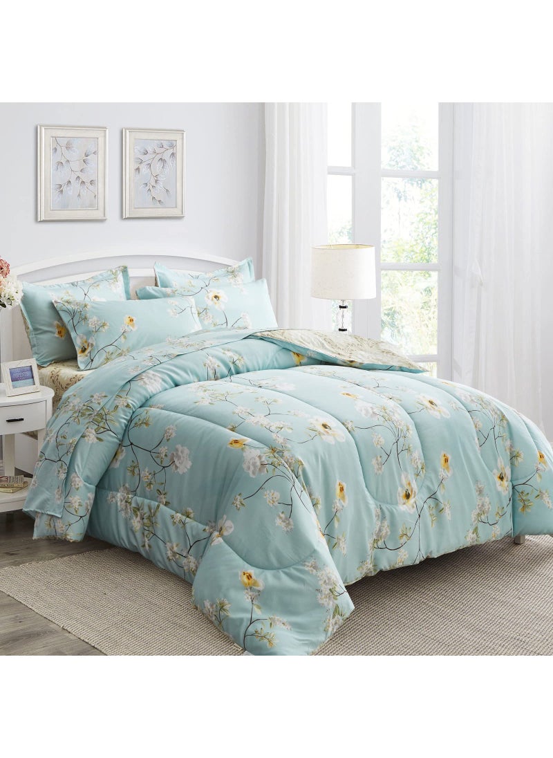 Joyreap Joyreap 7 Piece Bed in a Bag Queen Aqua Floral Elegant Design Smooth Soft Microfiber Comforter Set 1 Comforter 2 Pillow Shams 1 Flat Sheet 1 Fitted Sheet 2 Pillowcases 