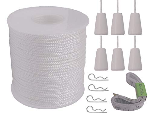 Y-Axis Roll of 60 Yards 2.0mm White Braided Nylon Lift Shade Cord with 6 Pack White Wood Cord Knobs + Soft Tape - Image 5