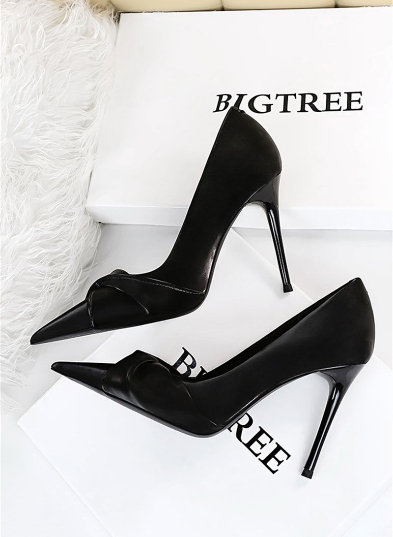 BIGTREE 10cm Elegant Party Heels Slim Pedicure Thin Mouth Pointy Bow Woman Black - Image 2