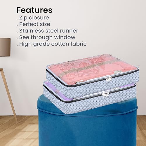 PulGos 3 Pieces Saree Covers - Clothes Organizer for saree with Zip Closure &Transparent window Non-Woven Fabric Sari Cover, Wardrobe Organiser Storage Organizer for Cloth, Salwar Suit Saree Bag-Grey - Image 3