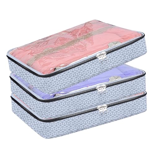 PulGos 3 Pieces Saree Covers - Clothes Organizer for saree with Zip Closure &Transparent window Non-Woven Fabric Sari Cover, Wardrobe Organiser Storage Organizer for Cloth, Salwar Suit Saree Bag-Grey - Image 1