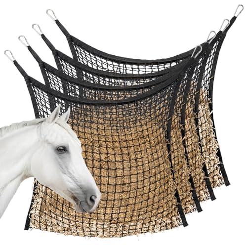MKO SHUN 4 PCS Slow Feed Hay Net for Horses, Large Capacity Hay Bags for Horses Goats Sheep Donkey Trailer Full Day Feeding, Easy to Fill and Hang, Black, 35 x 31 Inch - Image 1